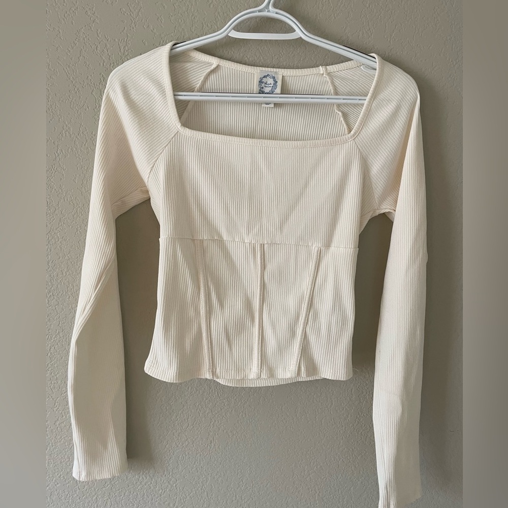 Cream Ribbed Long Sleeve Shirt with square neck line